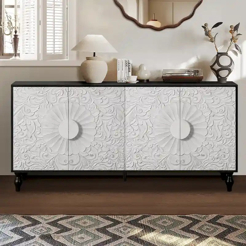 63" TV Stand, Black & Natural / Black & White, Carved Doors, Wood Legs