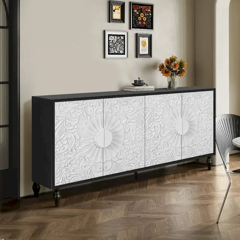63" TV Stand, Black & Natural / Black & White, Carved Doors, Wood Legs