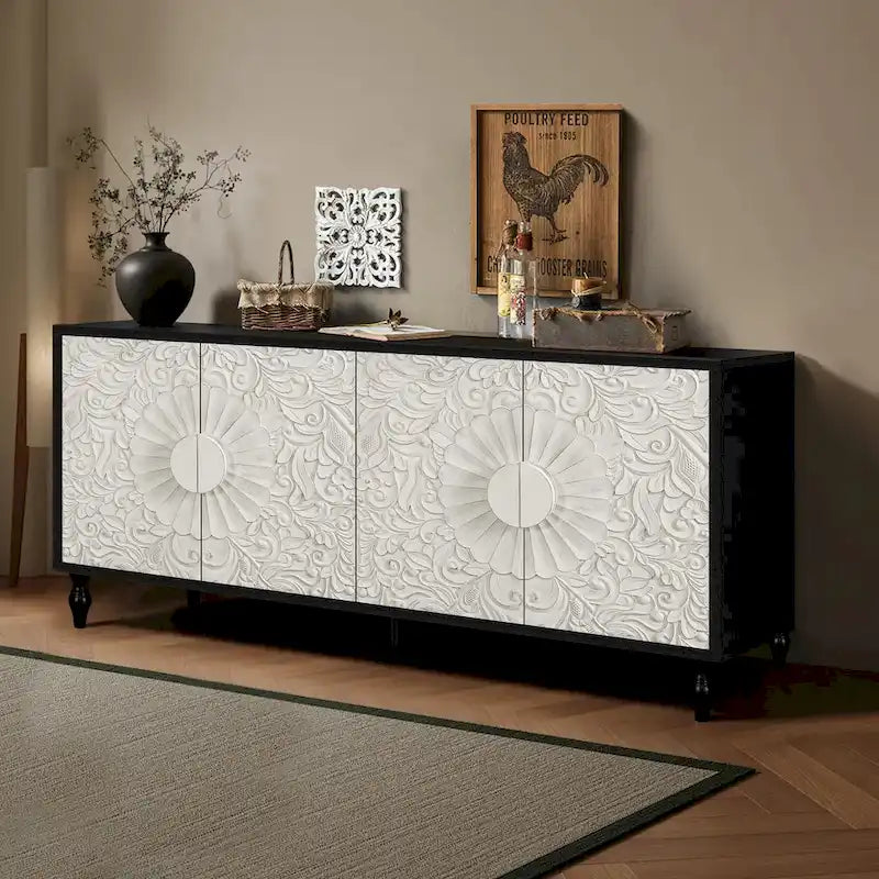 63" TV Stand, Black & Natural / Black & White, Carved Doors, Wood Legs