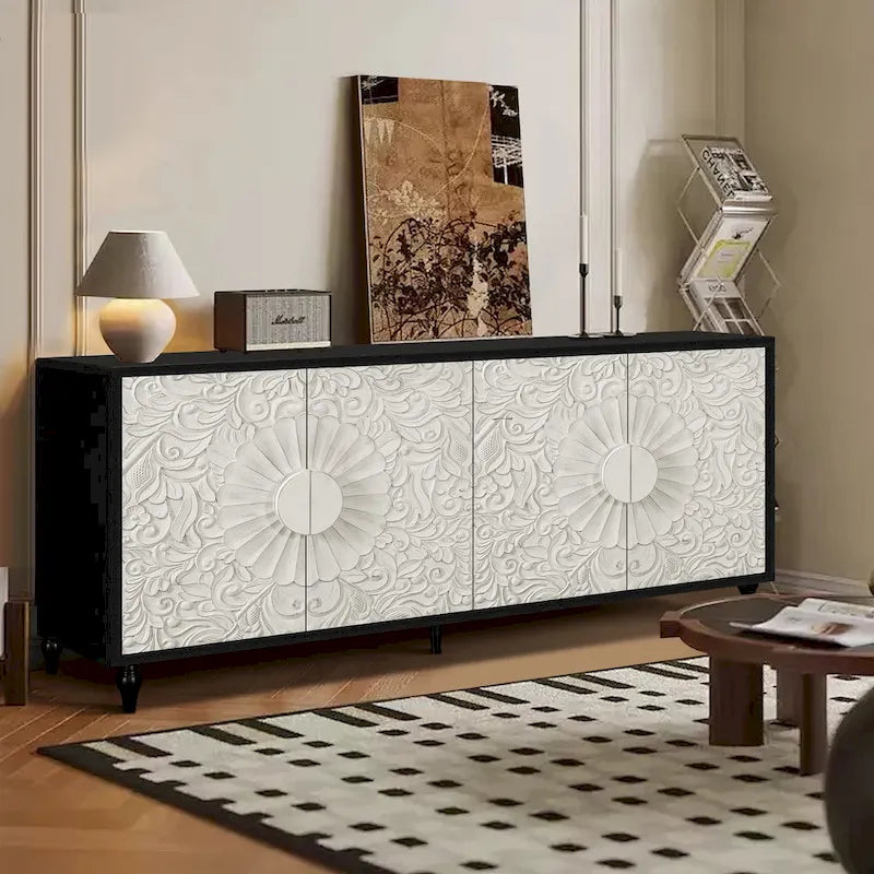 63" TV Stand, Black & Natural / Black & White, Carved Doors, Wood Legs