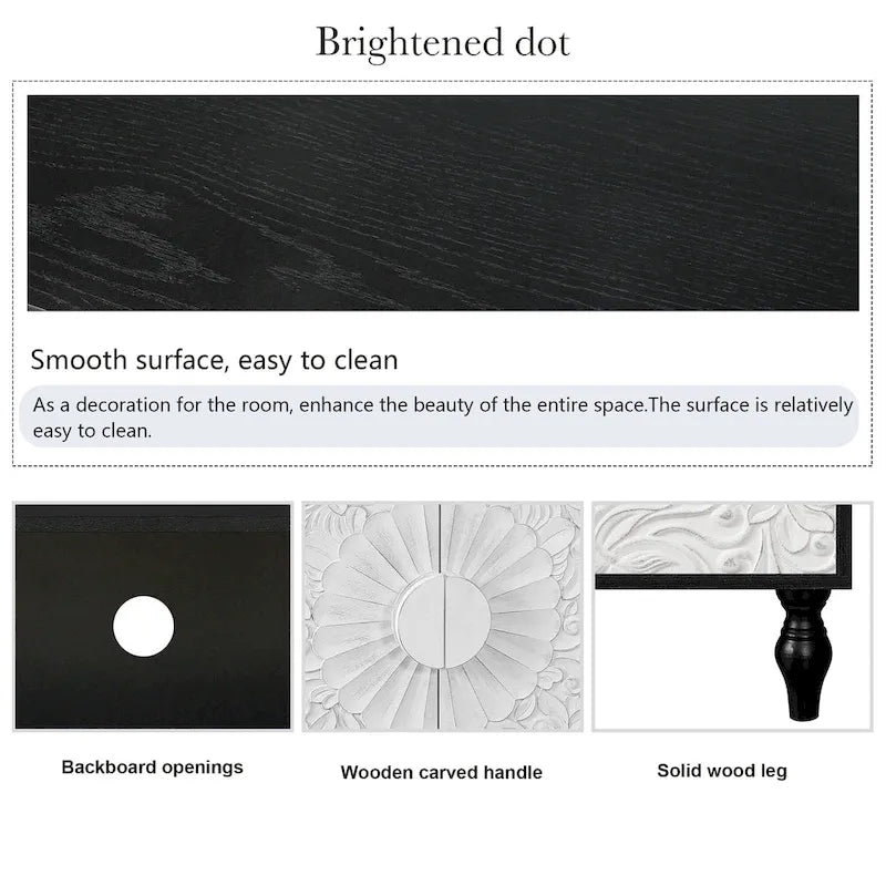 63" TV Stand, Black & Natural / Black & White, Carved Doors, Wood Legs