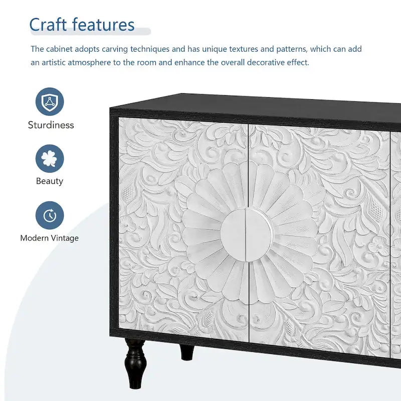 63" TV Stand, Black & Natural / Black & White, Carved Doors, Wood Legs