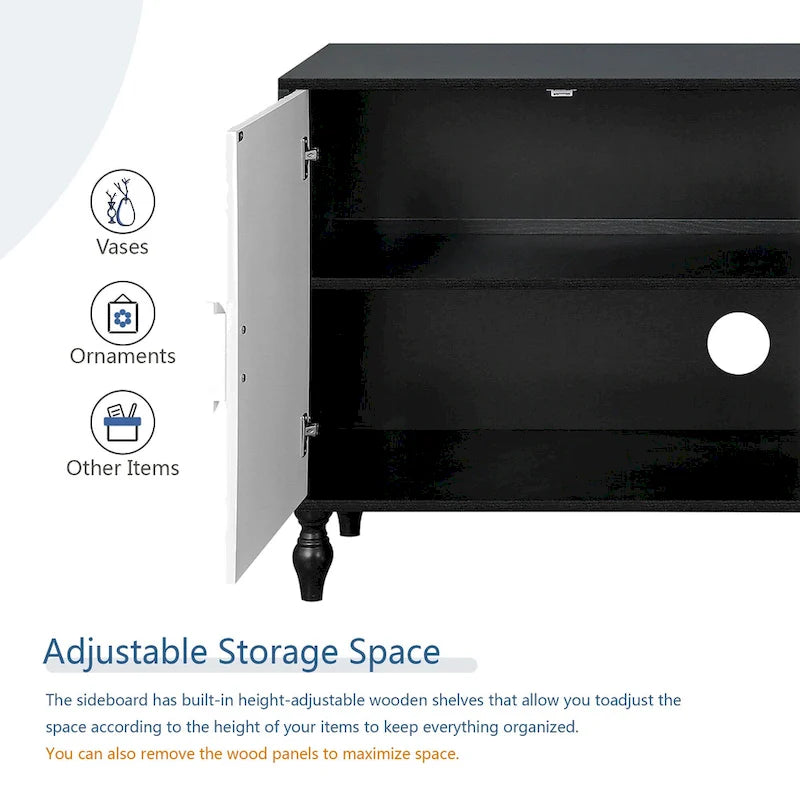 63" TV Stand, Black & Natural / Black & White, Carved Doors, Wood Legs