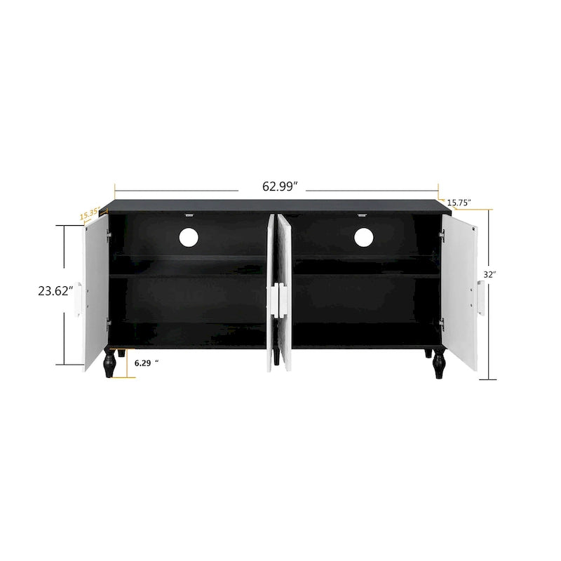 63" TV Stand, Black & Natural / Black & White, Carved Doors, Wood Legs