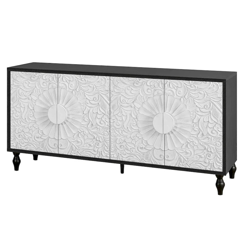 63" TV Stand, Black & Natural / Black & White, Carved Doors, Wood Legs