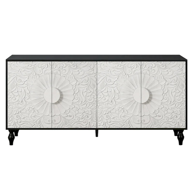 63" TV Stand, Black & Natural / Black & White, Carved Doors, Wood Legs