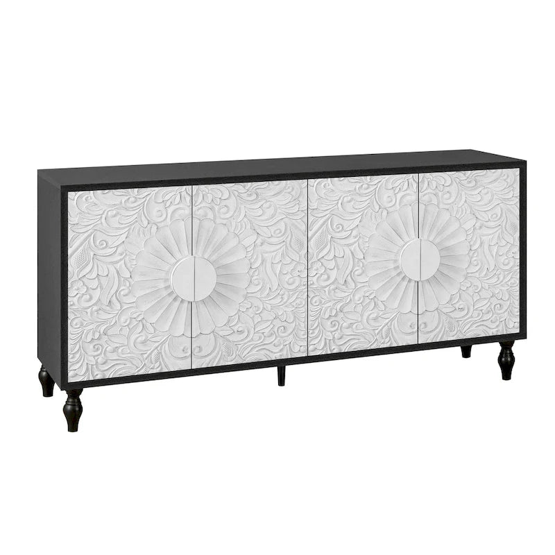63" TV Stand, Black & Natural / Black & White, Carved Doors, Wood Legs