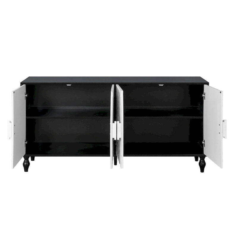 63" TV Stand, Black & Natural / Black & White, Carved Doors, Wood Legs