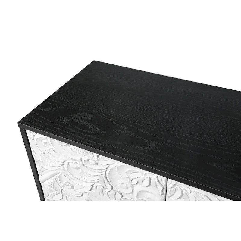 63" TV Stand, Black & Natural / Black & White, Carved Doors, Wood Legs