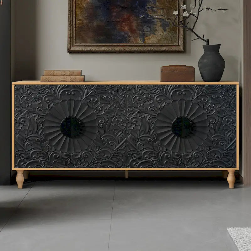 63" TV Stand, Black & Natural / Black & White, Carved Doors, Wood Legs