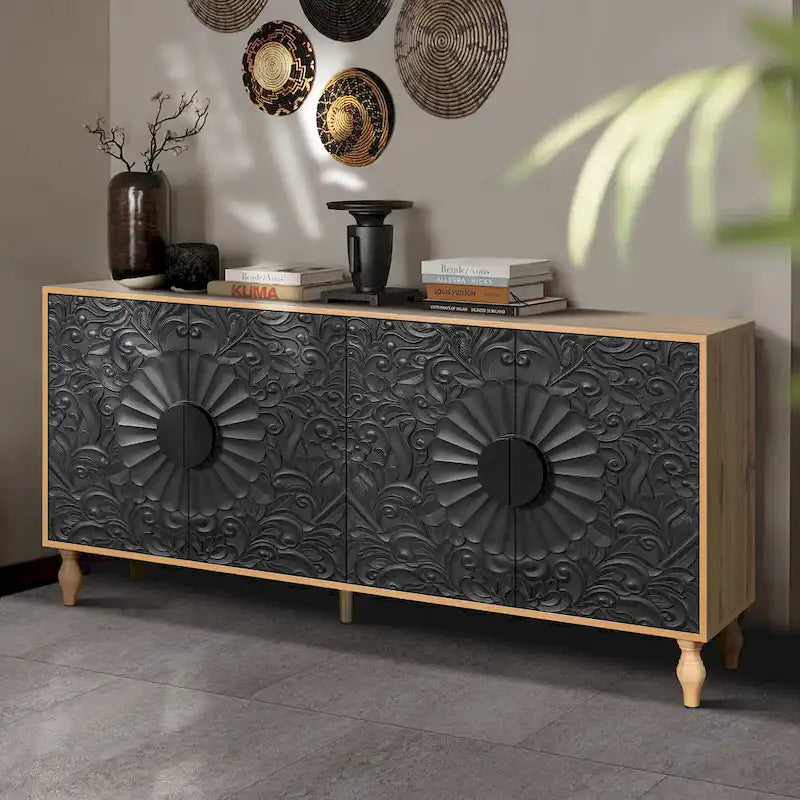 63" TV Stand, Black & Natural / Black & White, Carved Doors, Wood Legs