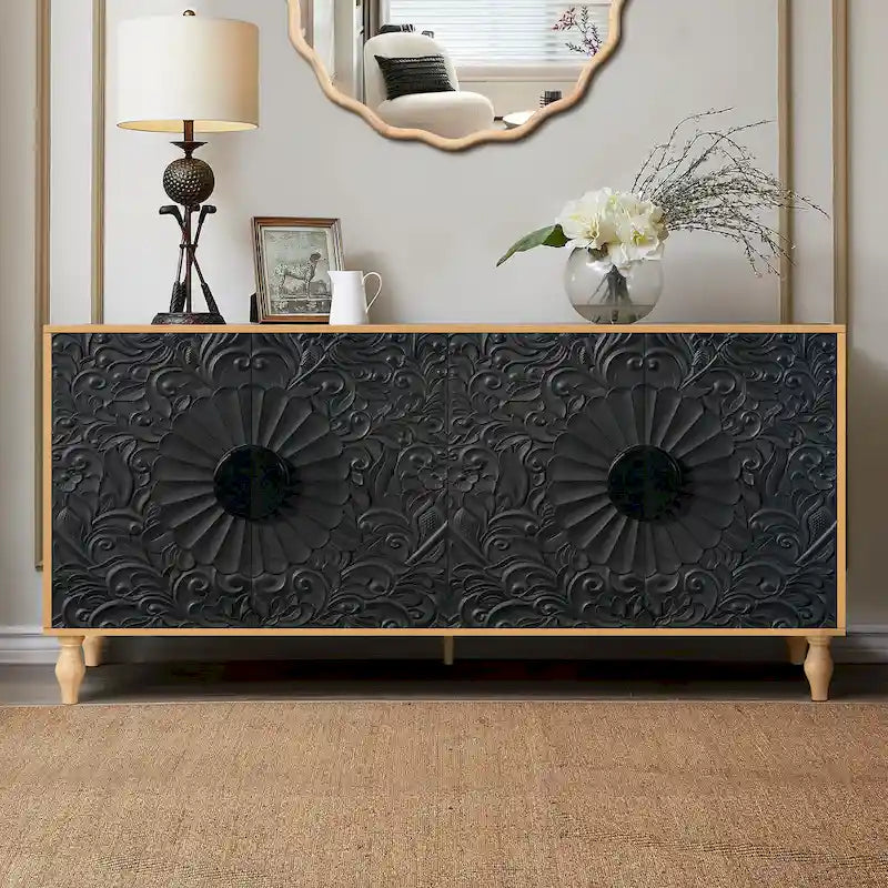 63" TV Stand, Black & Natural / Black & White, Carved Doors, Wood Legs