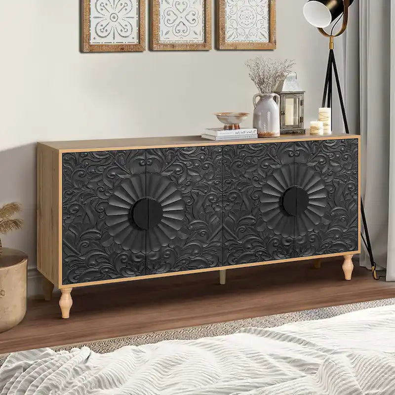 63" TV Stand, Black & Natural / Black & White, Carved Doors, Wood Legs