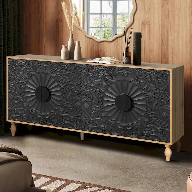 63" TV Stand, Black & Natural / Black & White, Carved Doors, Wood Legs