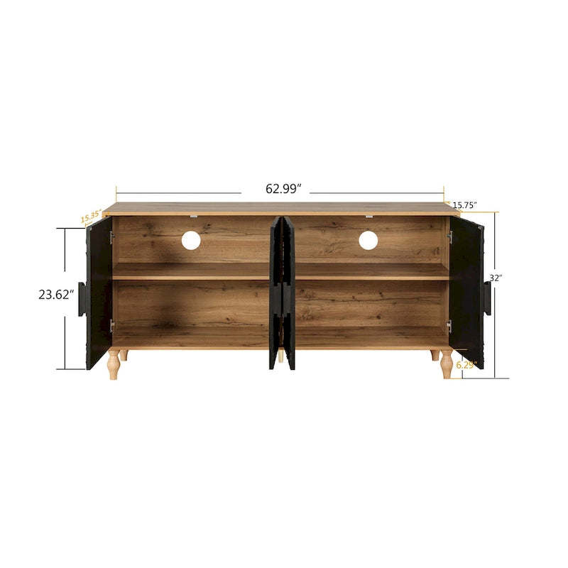 63" TV Stand, Black & Natural / Black & White, Carved Doors, Wood Legs