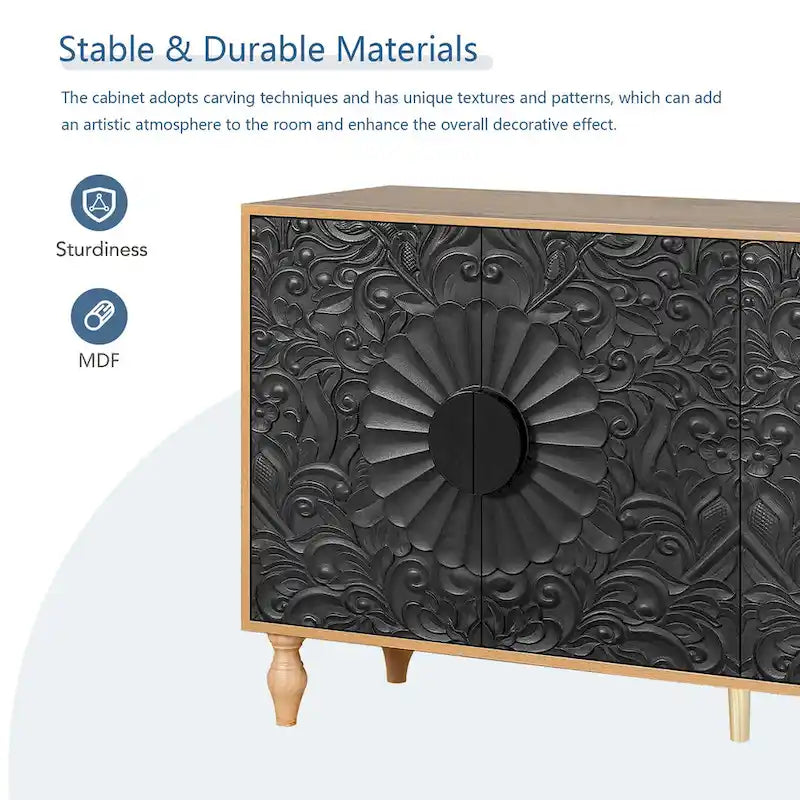 63" TV Stand, Black & Natural / Black & White, Carved Doors, Wood Legs