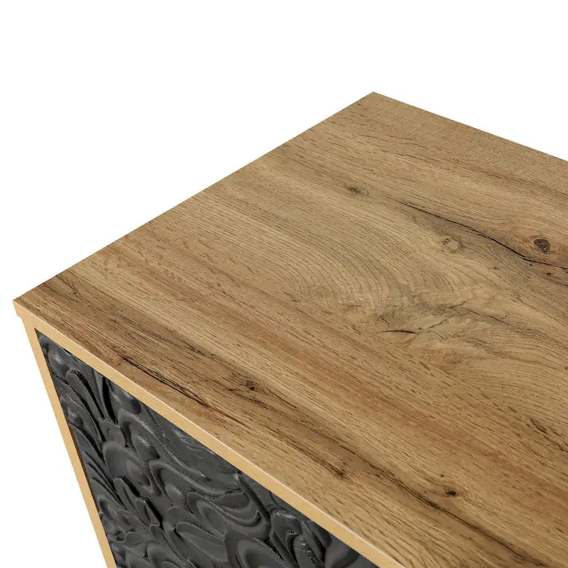 63" TV Stand, Black & Natural / Black & White, Carved Doors, Wood Legs
