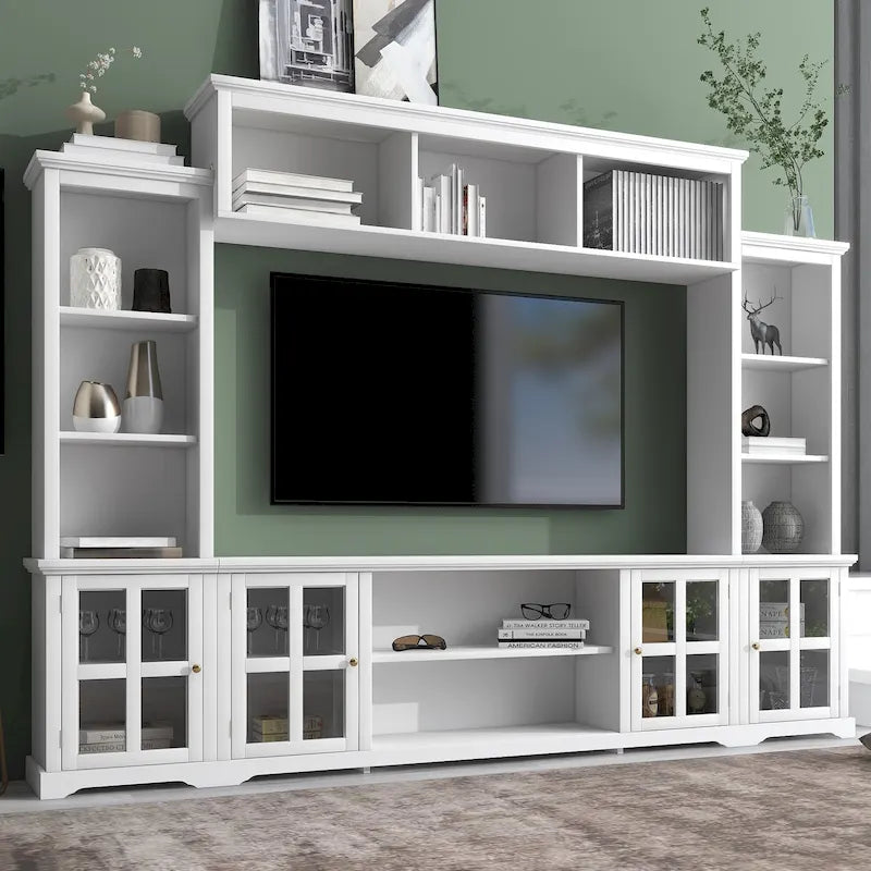 White/Black Entertainment Wall Unit with Tempered Glass, Fits TVs Up to 70"