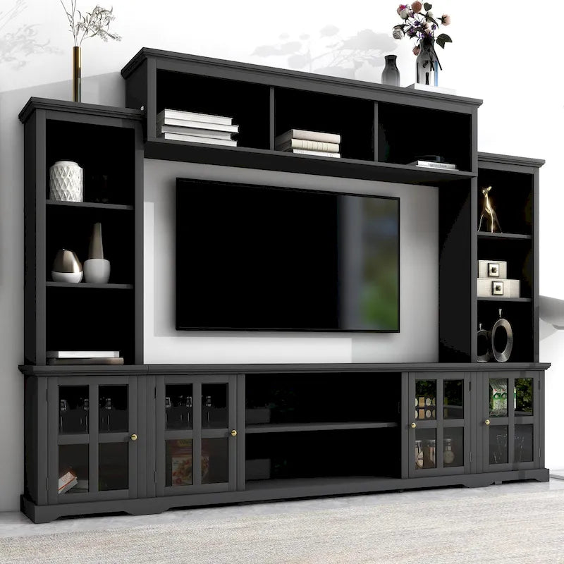 White/Black Entertainment Wall Unit with Tempered Glass, Fits TVs Up to 70"