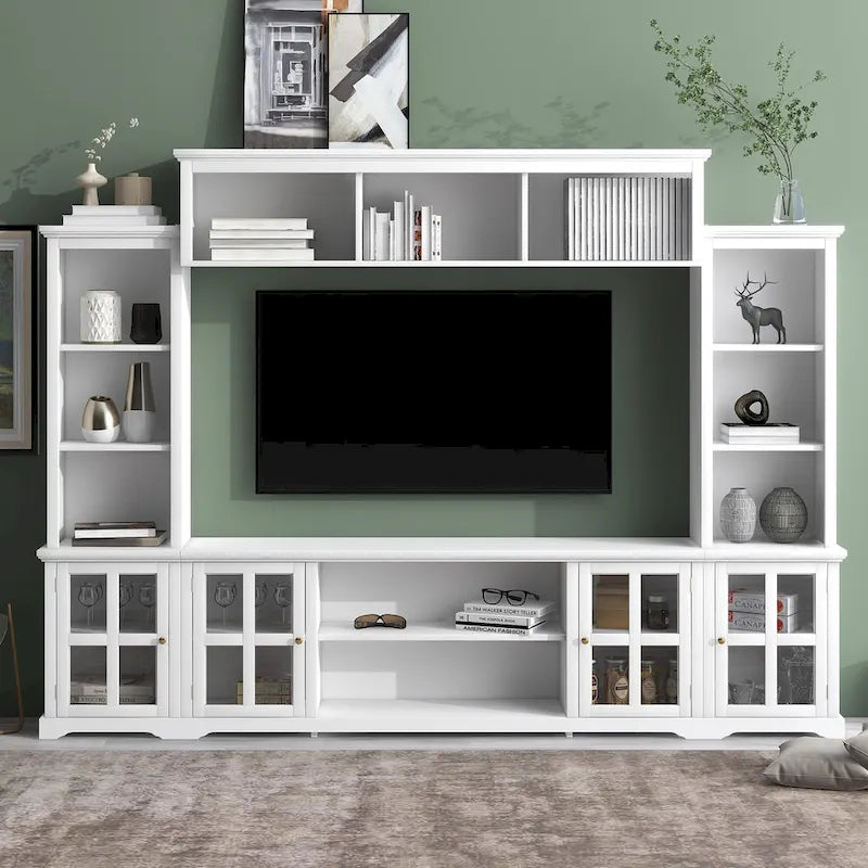 White/Black Entertainment Wall Unit with Tempered Glass, Fits TVs Up to 70"