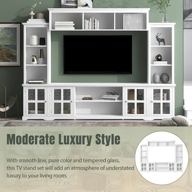 White/Black Entertainment Wall Unit with Tempered Glass, Fits TVs Up to 70"
