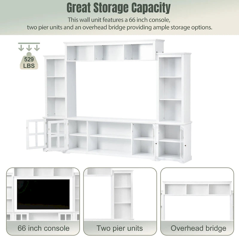 White/Black Entertainment Wall Unit with Tempered Glass, Fits TVs Up to 70"