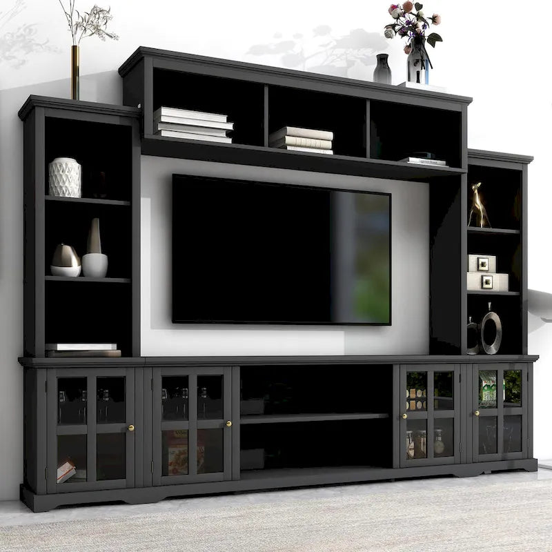 White/Black Entertainment Wall Unit with Tempered Glass, Fits TVs Up to 70"