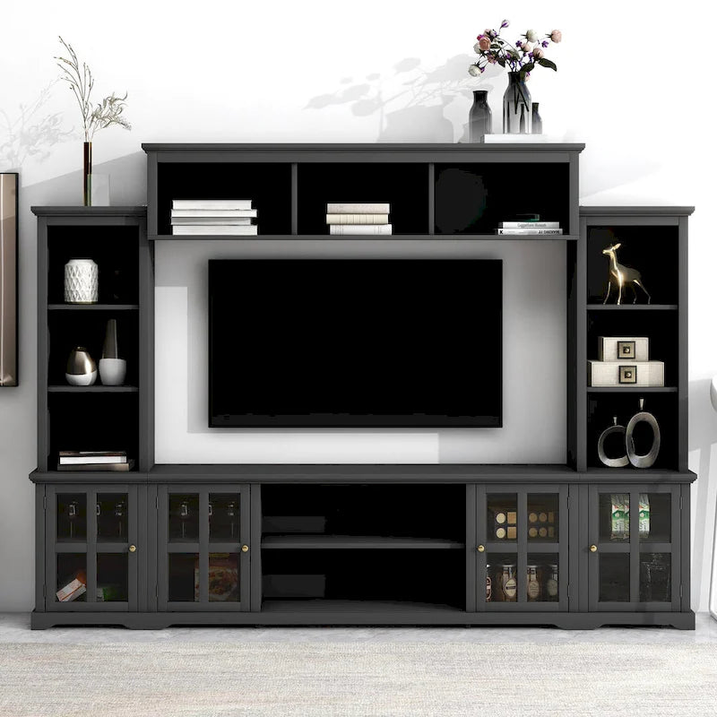 White/Black Entertainment Wall Unit with Tempered Glass, Fits TVs Up to 70"