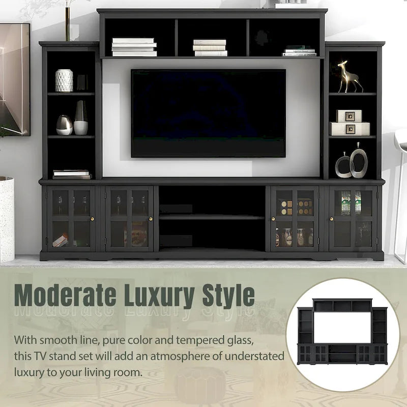 White/Black Entertainment Wall Unit with Tempered Glass, Fits TVs Up to 70"