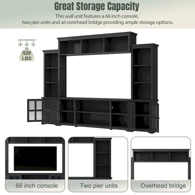 White/Black Entertainment Wall Unit with Tempered Glass, Fits TVs Up to 70"