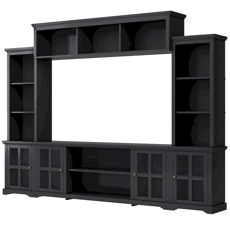 White/Black Entertainment Wall Unit with Tempered Glass, Fits TVs Up to 70"
