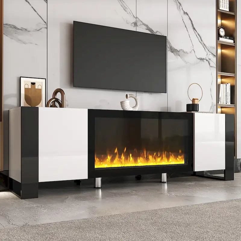 Black/White Fireplace TV Stand with 2 Cabinets, Fits TVs up to 78", 2-Person Assembly