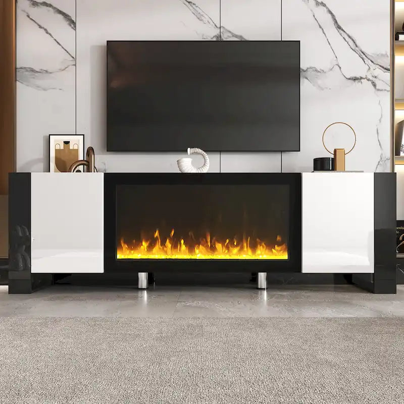 Black/White Fireplace TV Stand with 2 Cabinets, Fits TVs up to 78", 2-Person Assembly