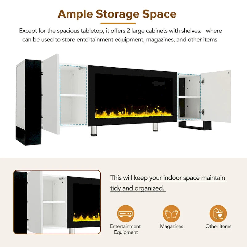 Black/White Fireplace TV Stand with 2 Cabinets, Fits TVs up to 78", 2-Person Assembly