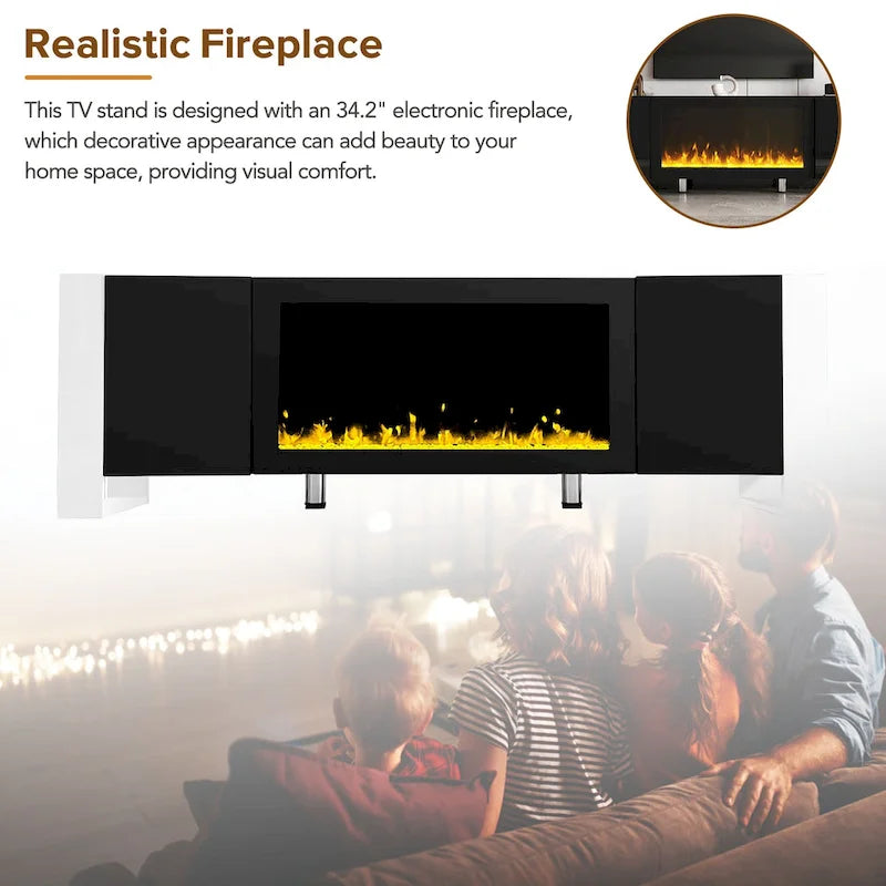 Black/White Fireplace TV Stand with 2 Cabinets, Fits TVs up to 78", 2-Person Assembly
