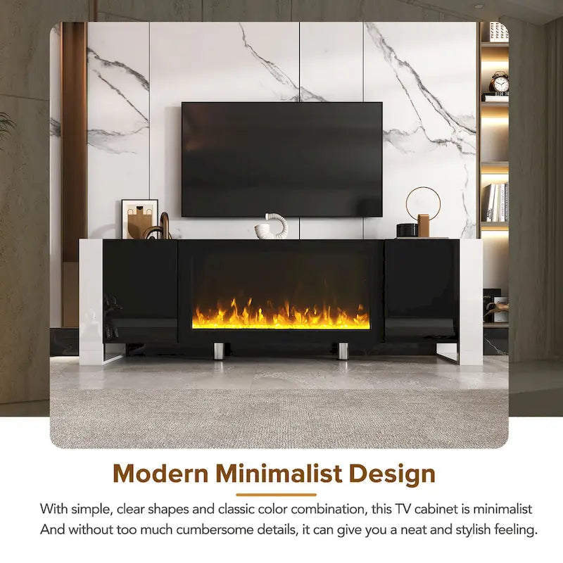 Black/White Fireplace TV Stand with 2 Cabinets, Fits TVs up to 78", 2-Person Assembly
