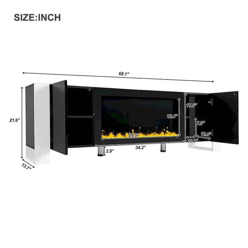 Black/White Fireplace TV Stand with 2 Cabinets, Fits TVs up to 78", 2-Person Assembly