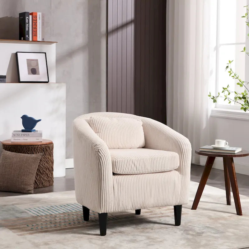 Corduroy Barrel Accent Chair, Mid-Century Modern, Single Seat, Wood Legs – Beige / Dark Gray / Emerald / Black / Camel / Blue