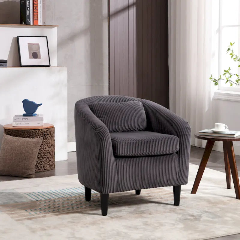 Corduroy Barrel Accent Chair, Mid-Century Modern, Single Seat, Wood Legs – Beige / Dark Gray / Emerald / Black / Camel / Blue