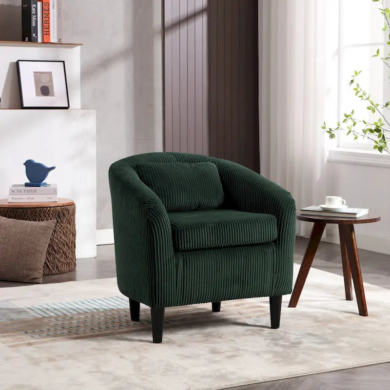 Corduroy Barrel Accent Chair, Mid-Century Modern, Single Seat, Wood Legs – Beige / Dark Gray / Emerald / Black / Camel / Blue