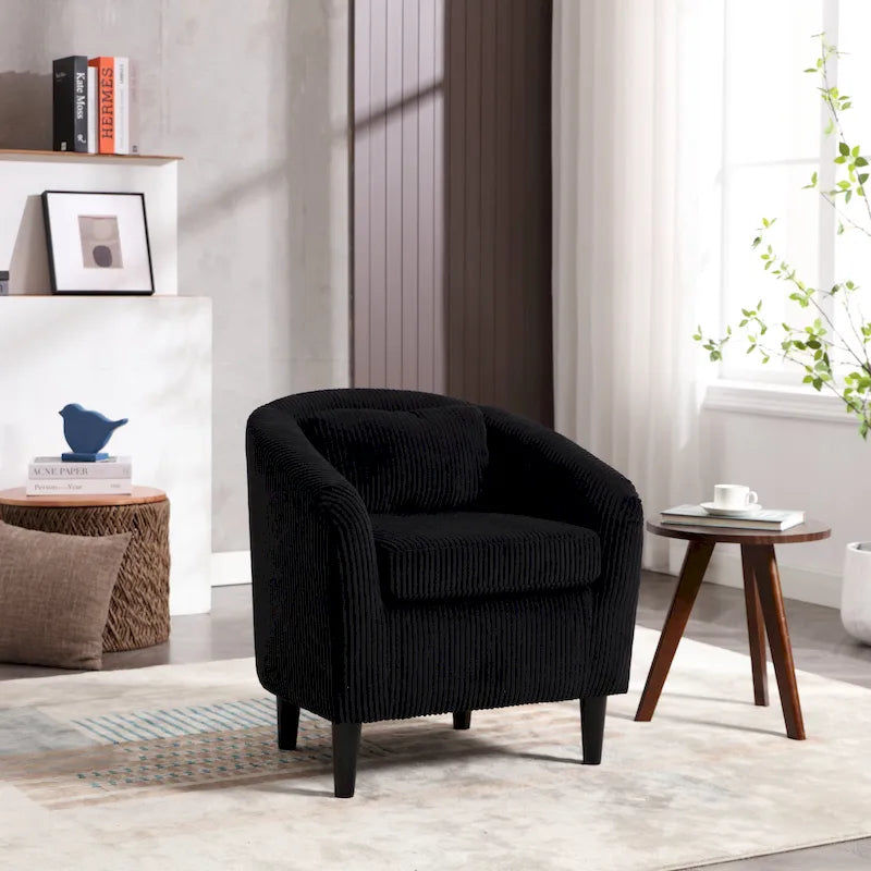 Corduroy Barrel Accent Chair, Mid-Century Modern, Single Seat, Wood Legs – Beige / Dark Gray / Emerald / Black / Camel / Blue