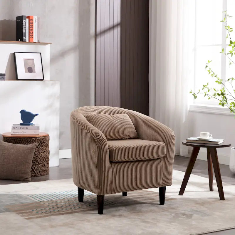 Corduroy Barrel Accent Chair, Mid-Century Modern, Single Seat, Wood Legs – Beige / Dark Gray / Emerald / Black / Camel / Blue