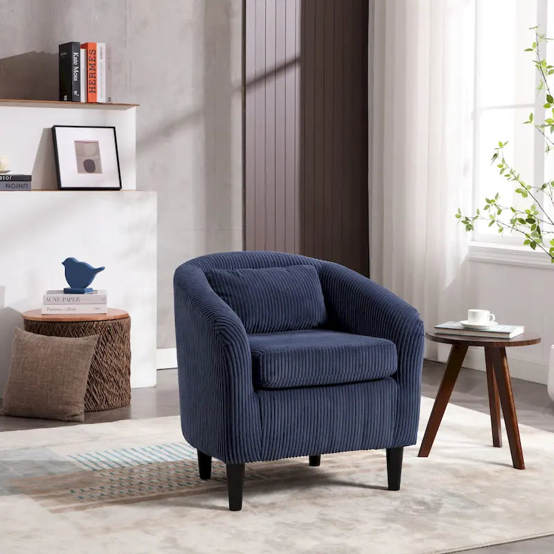 Corduroy Barrel Accent Chair, Mid-Century Modern, Single Seat, Wood Legs – Beige / Dark Gray / Emerald / Black / Camel / Blue