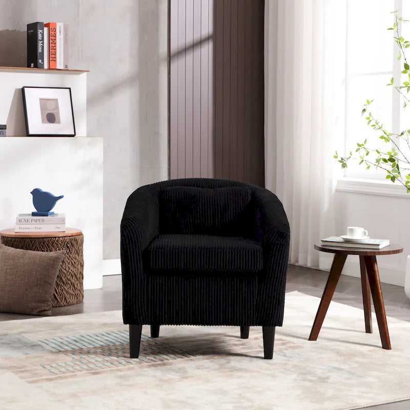 Corduroy Barrel Accent Chair, Mid-Century Modern, Single Seat, Wood Legs – Beige / Dark Gray / Emerald / Black / Camel / Blue