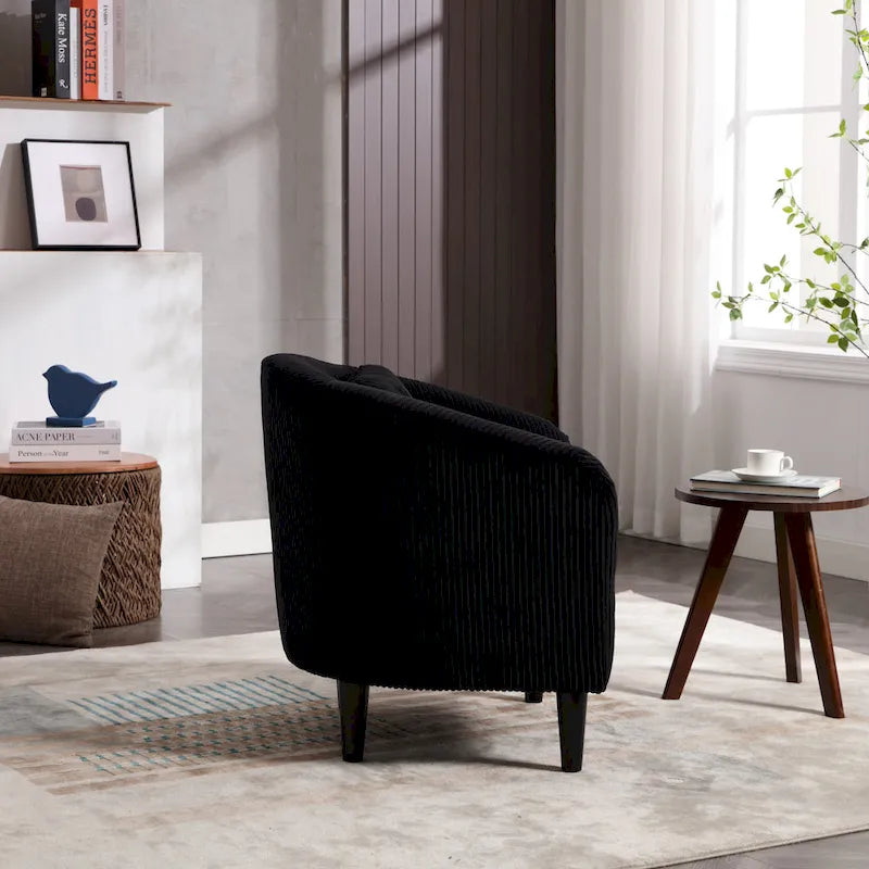 Corduroy Barrel Accent Chair, Mid-Century Modern, Single Seat, Wood Legs – Beige / Dark Gray / Emerald / Black / Camel / Blue