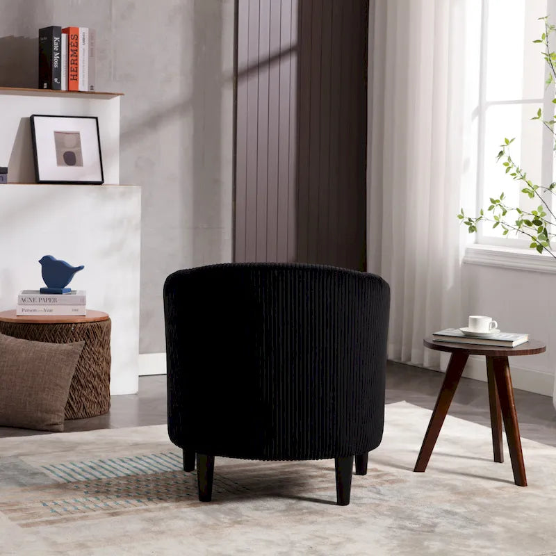 Corduroy Barrel Accent Chair, Mid-Century Modern, Single Seat, Wood Legs – Beige / Dark Gray / Emerald / Black / Camel / Blue
