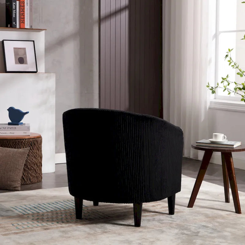 Corduroy Barrel Accent Chair, Mid-Century Modern, Single Seat, Wood Legs – Beige / Dark Gray / Emerald / Black / Camel / Blue