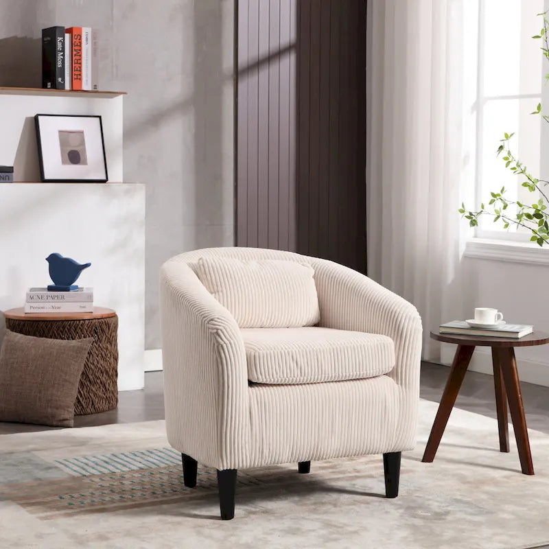 Corduroy Barrel Accent Chair, Mid-Century Modern, Single Seat, Wood Legs – Beige / Dark Gray / Emerald / Black / Camel / Blue