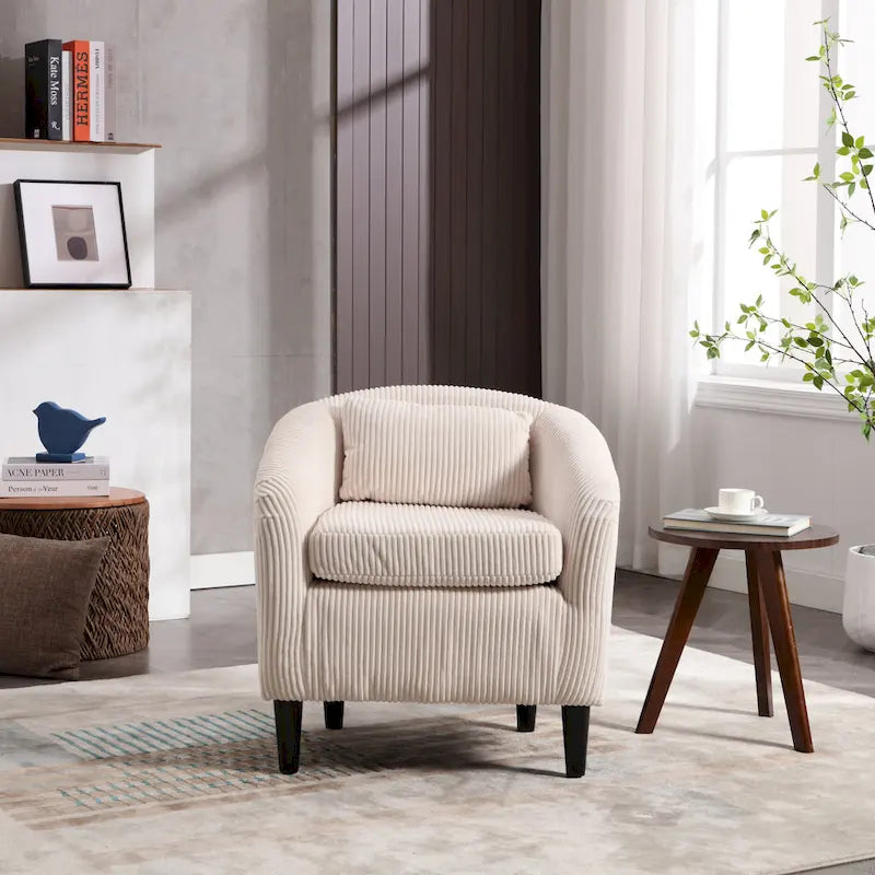 Corduroy Barrel Accent Chair, Mid-Century Modern, Single Seat, Wood Legs – Beige / Dark Gray / Emerald / Black / Camel / Blue
