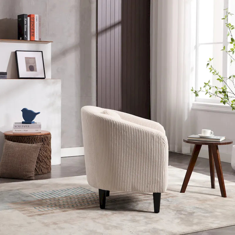 Corduroy Barrel Accent Chair, Mid-Century Modern, Single Seat, Wood Legs – Beige / Dark Gray / Emerald / Black / Camel / Blue